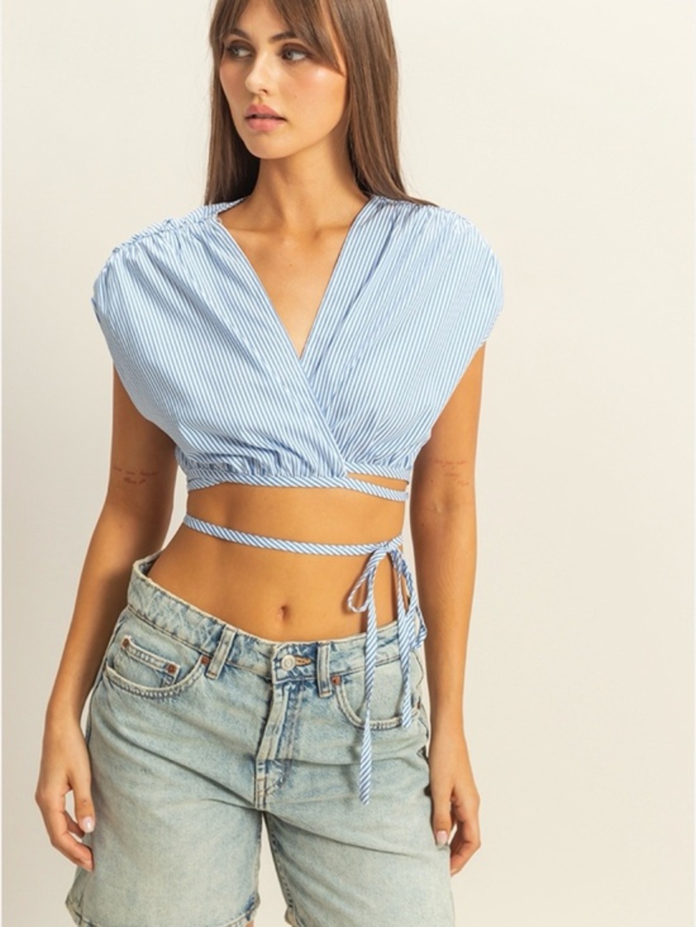 NWT Light Blue Striped Wrap Crop Top with Tie Waist - Small